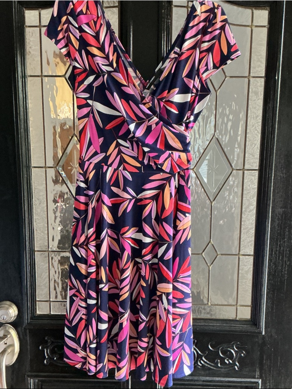 Maggy London Navy Wrap-Style Midi Dress with Pink & Coral Leaf Print